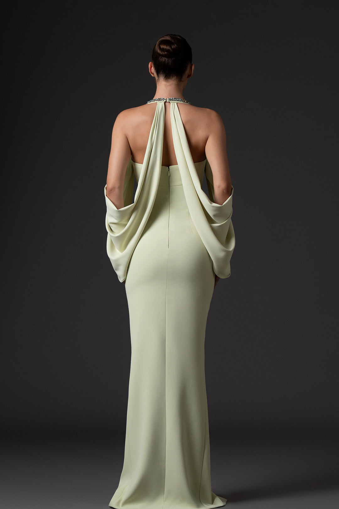 Crepe Long Dress with Crystal Floral Neckline