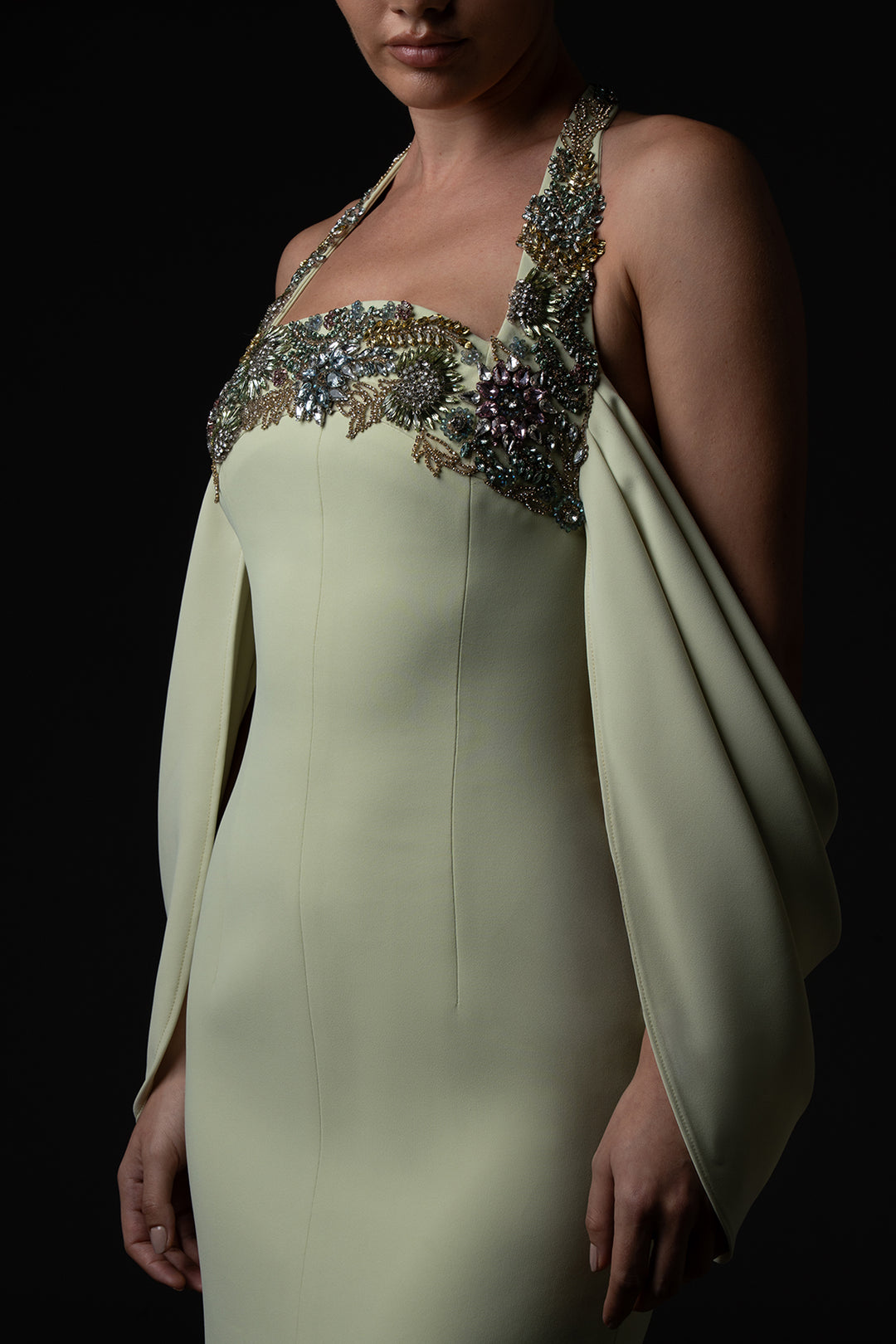 Crepe Long Dress with Crystal Floral Neckline