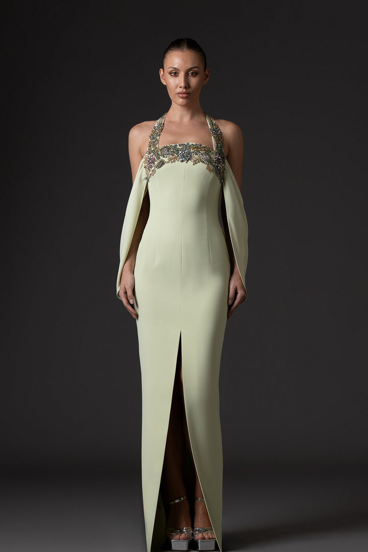 Crepe Long Dress with Crystal Floral Neckline