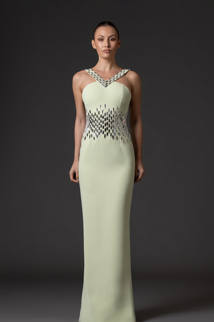 Crepe Long Dress with Baguette Neckline Embroidery