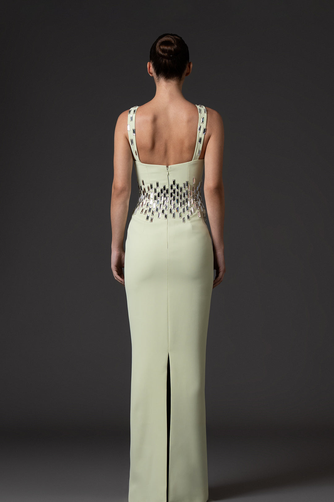 Crepe Long Dress with Baguette Neckline Embroidery