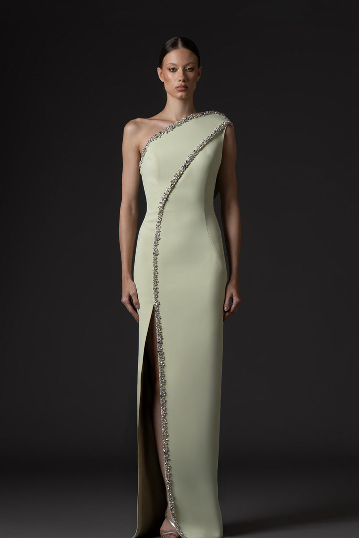 One-Shoulder Neckline and Crystal Embroidery Dress