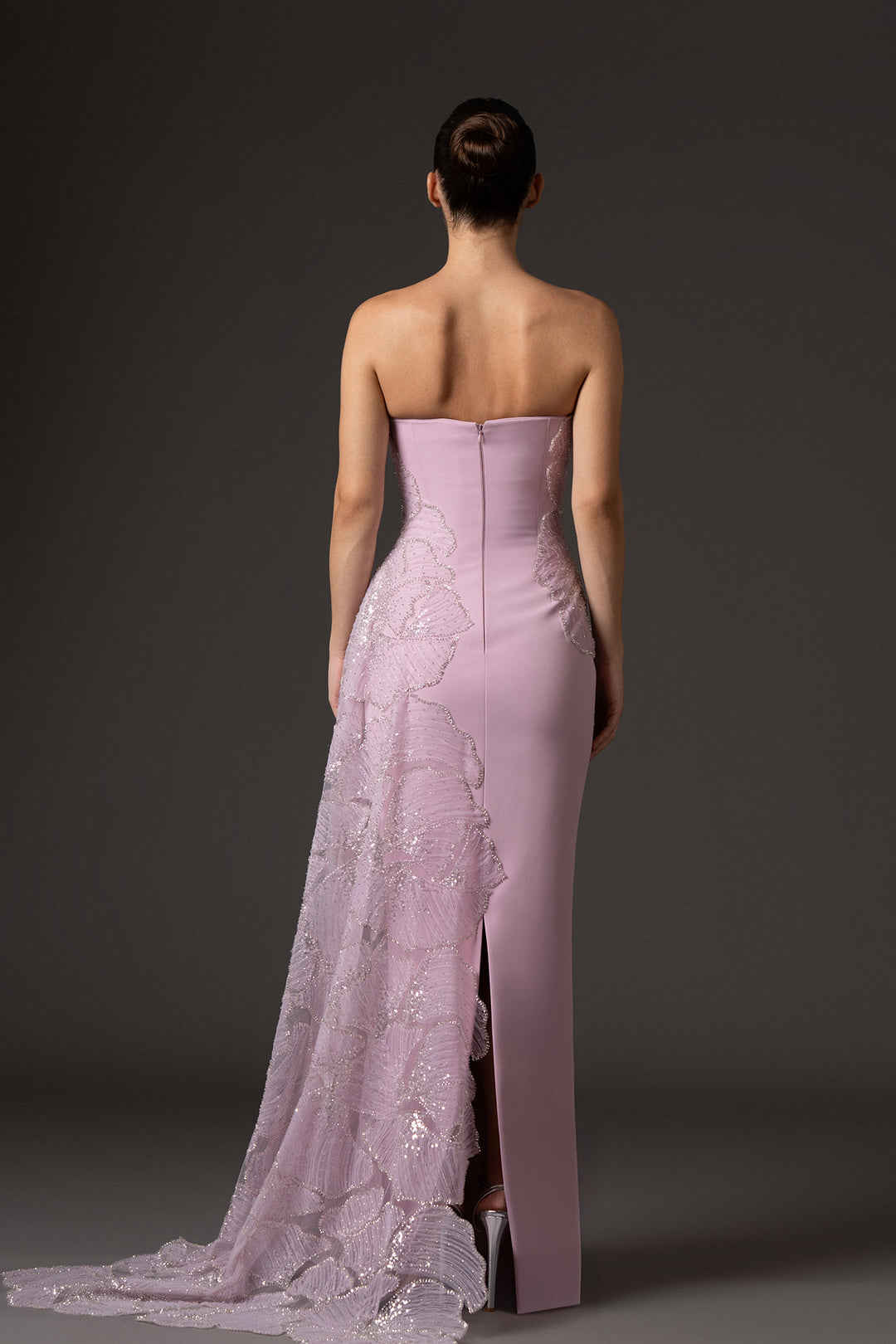 Crepe Long Dress with Cape Sleeves and Beaded Embroidery