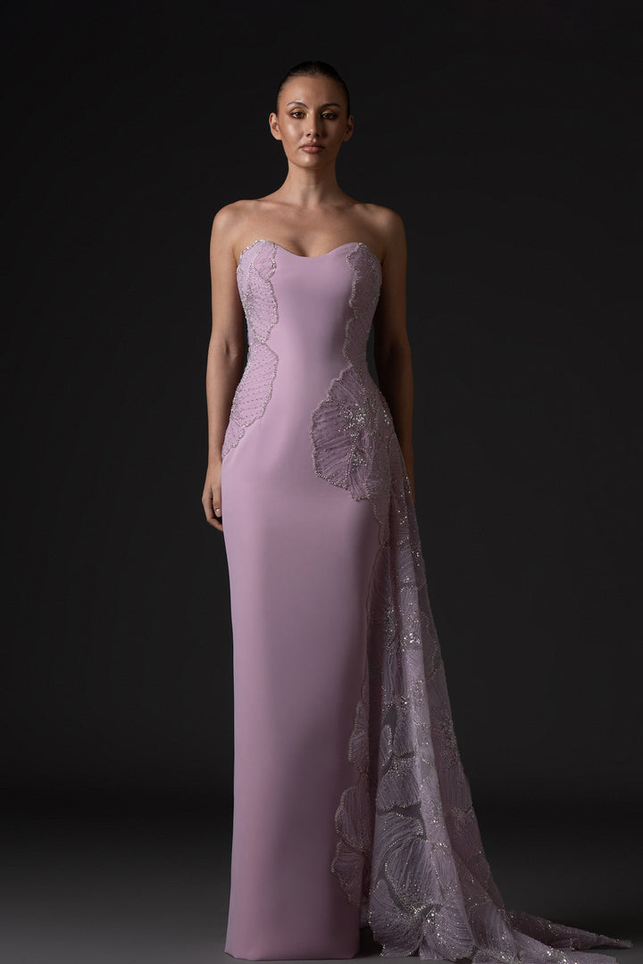 Crepe Long Dress with Cape Sleeves and Beaded Embroidery