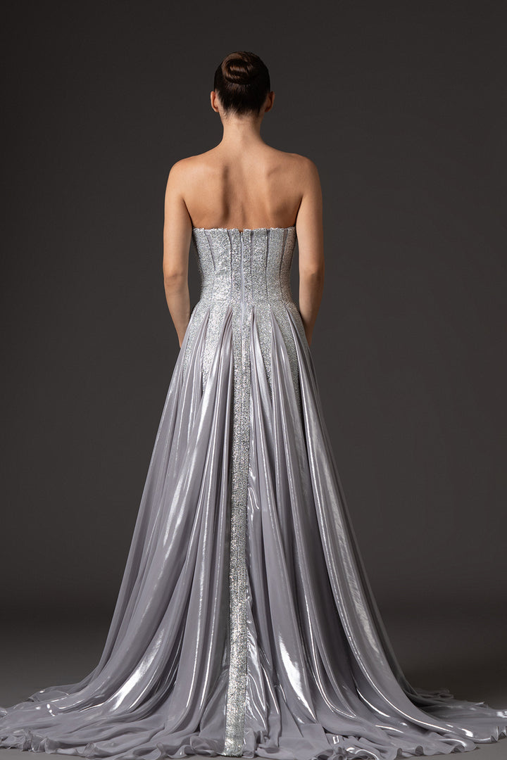 A-Line Long Dress with Chiffon Lamé and Sequin Panels