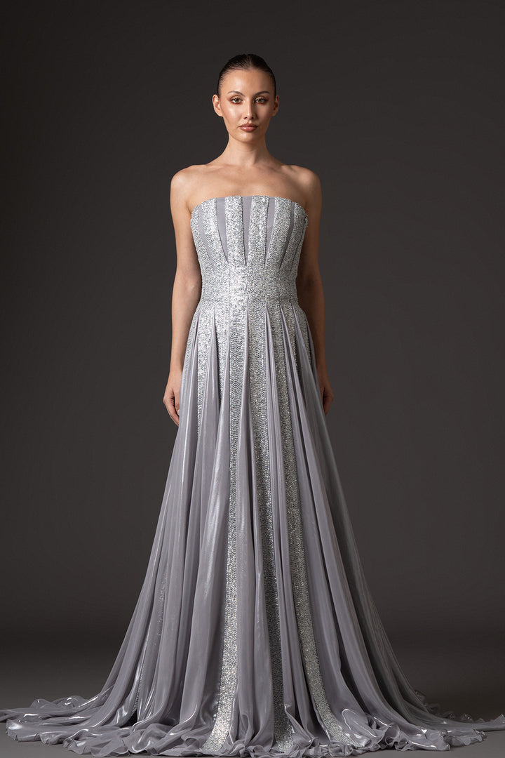 A-Line Long Dress with Chiffon Lamé and Sequin Panels