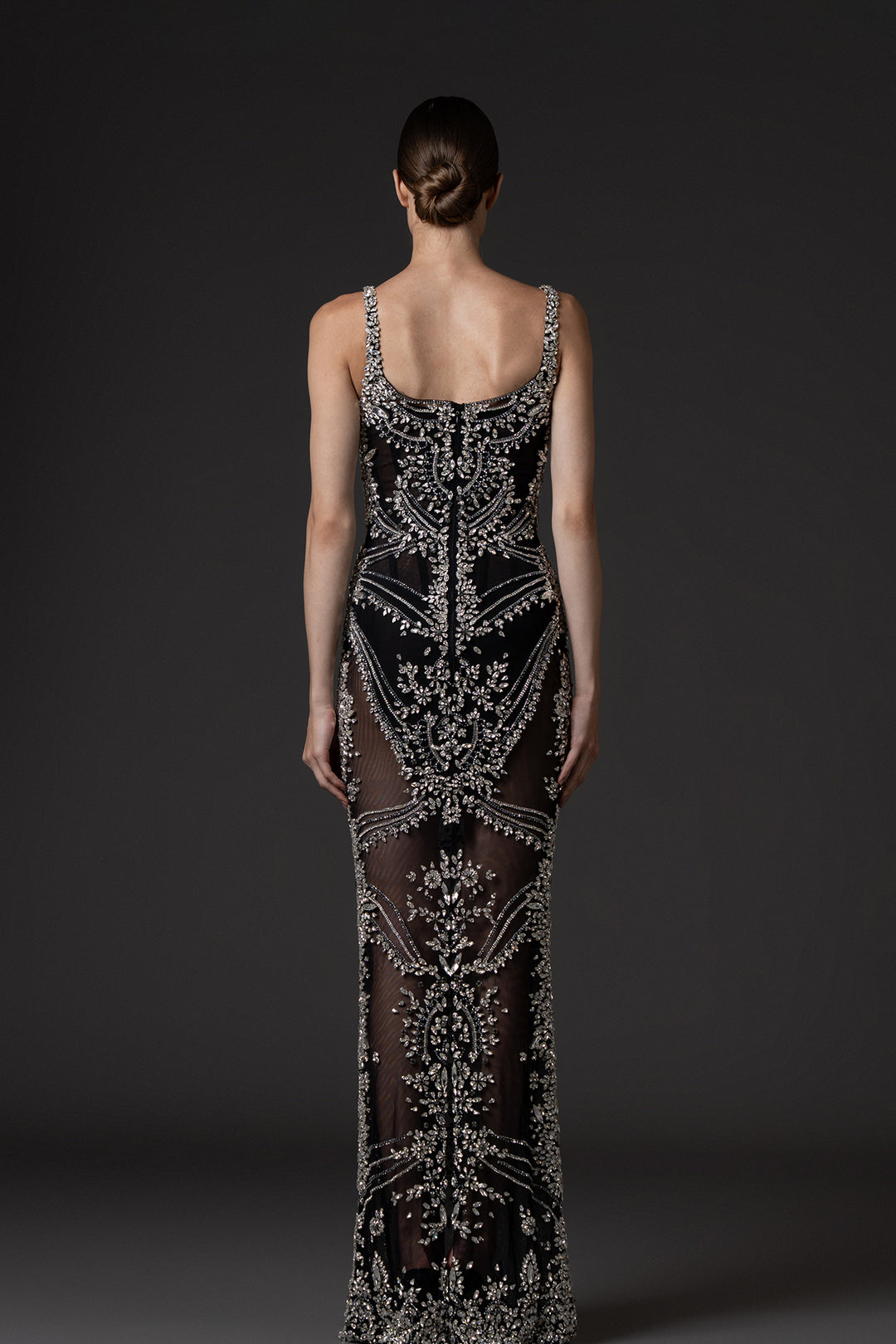 Column Dress with Crystal-Embroidered Tulle