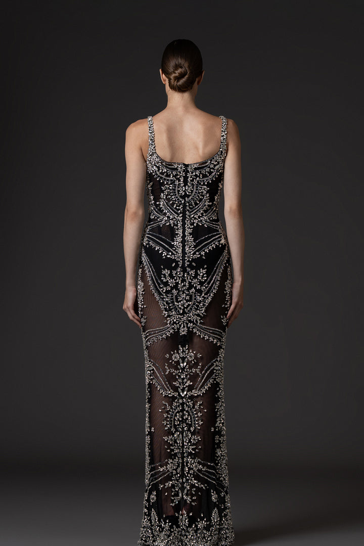 Column Dress with Crystal-Embroidered Tulle