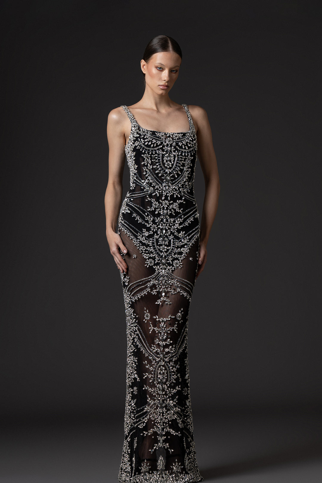 Column Dress with Crystal-Embroidered Tulle