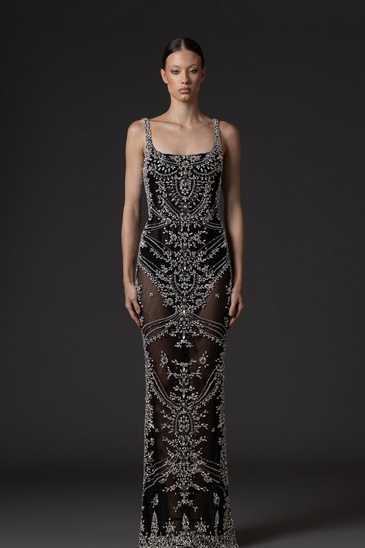Column Dress with Crystal-Embroidered Tulle