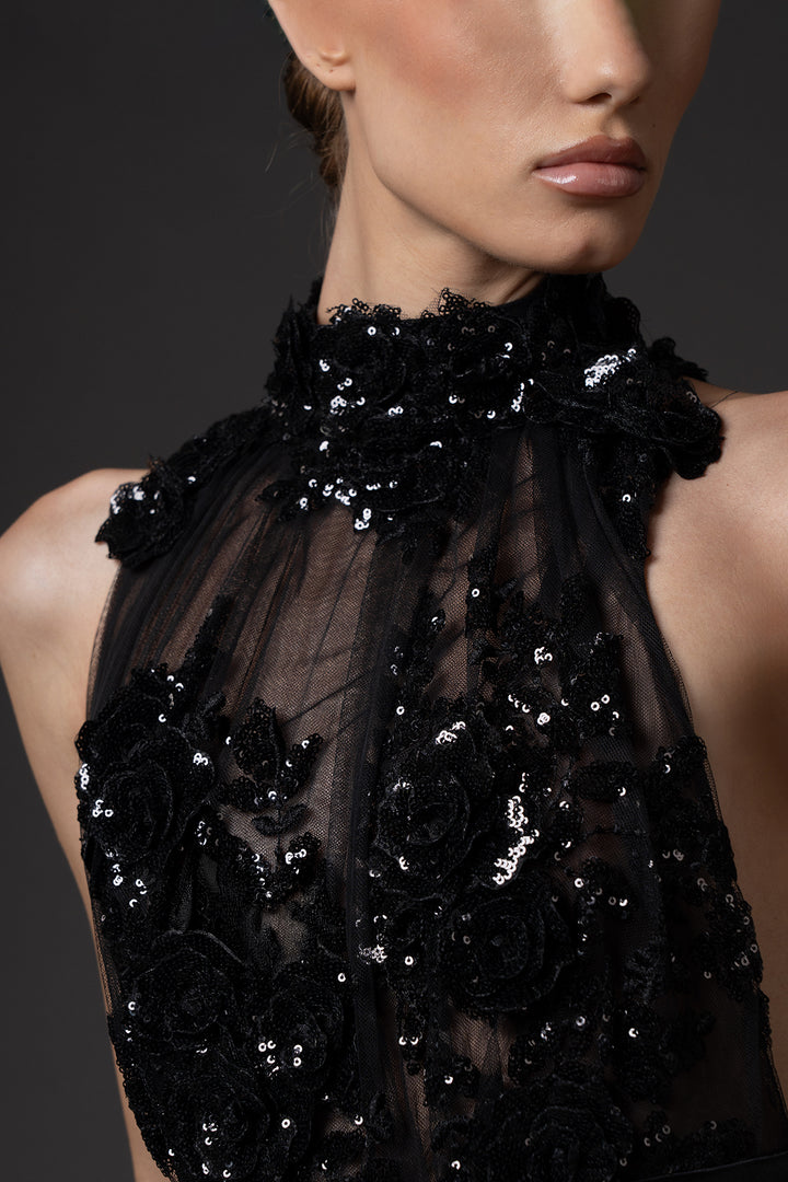 Embroidered Halter High-Low Dress