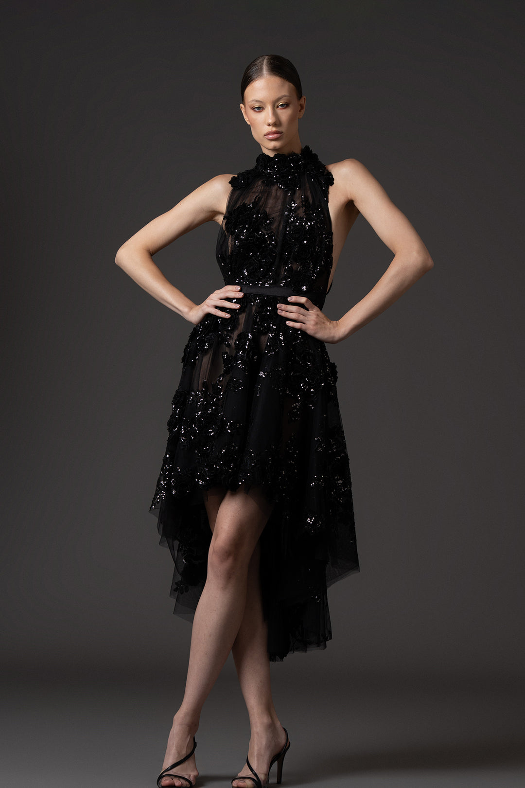 Embroidered Halter High-Low Dress