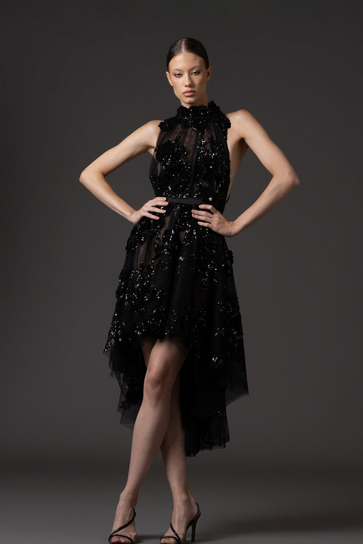 Embroidered Halter High-Low Dress