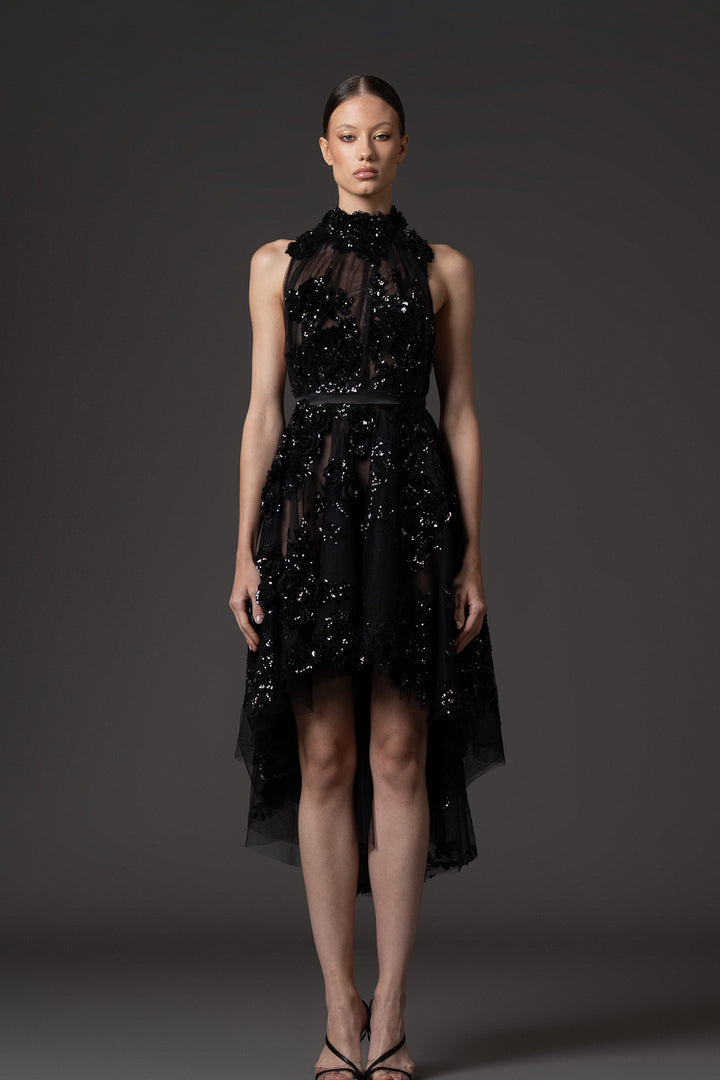 Embroidered Halter High-Low Dress