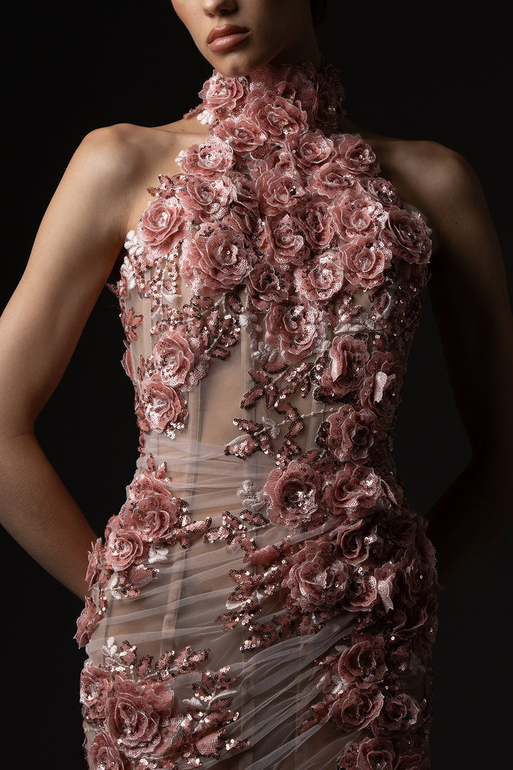 Column Dress with Embroidered Tulle Corset