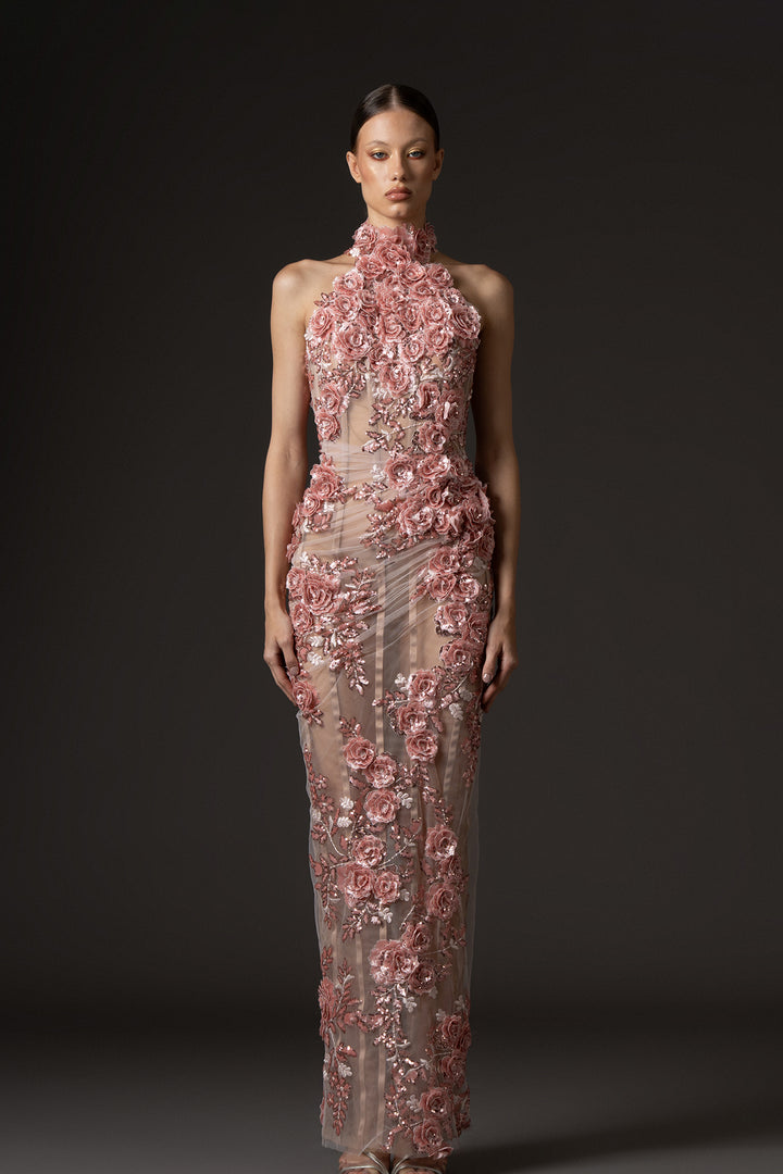 Column Dress with Embroidered Tulle Corset