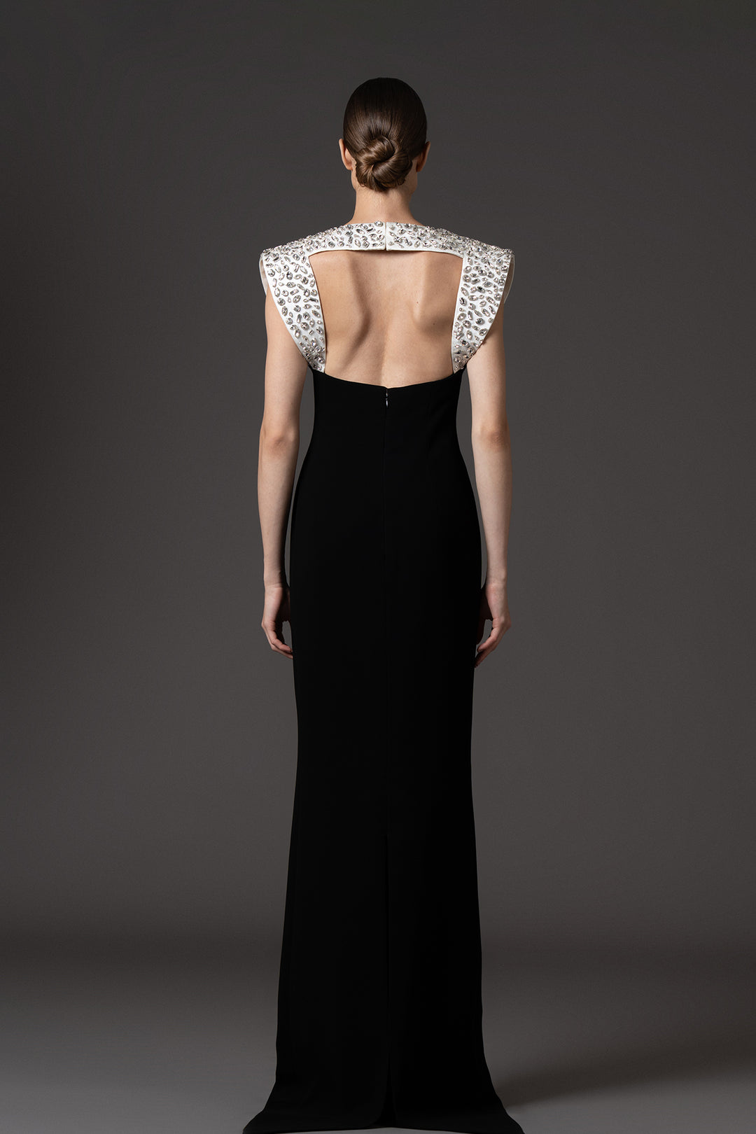 Crepe Floor-Length Dress with Crystal Embroidered Neckline