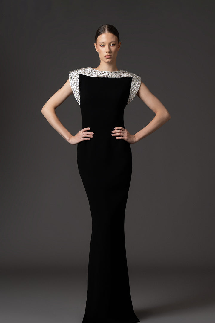 Crepe Floor-Length Dress with Crystal Embroidered Neckline