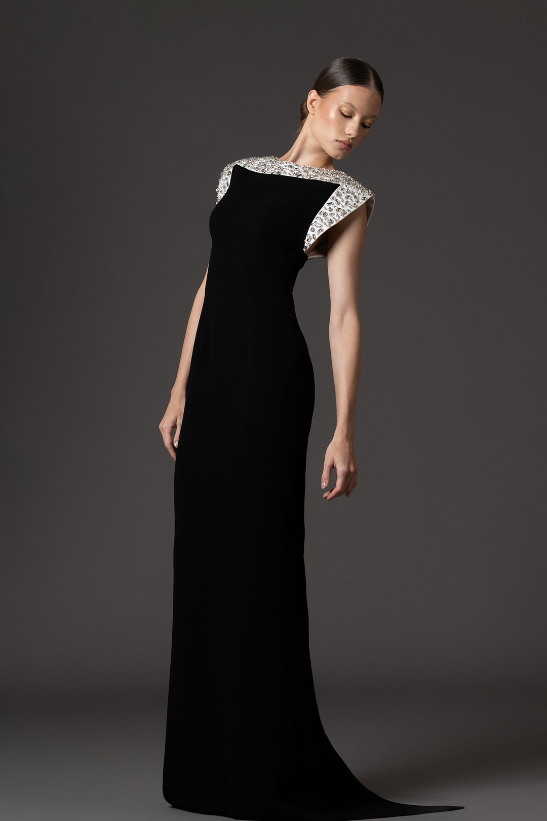 Crepe Floor-Length Dress with Crystal Embroidered Neckline