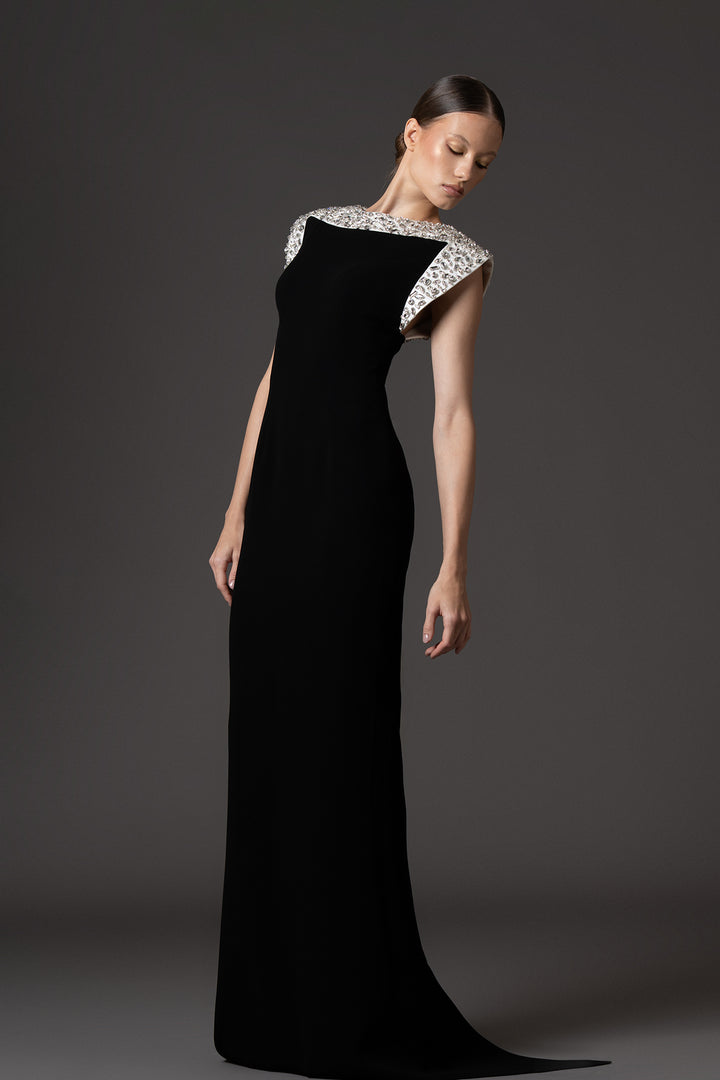Crepe Floor-Length Dress with Crystal Embroidered Neckline