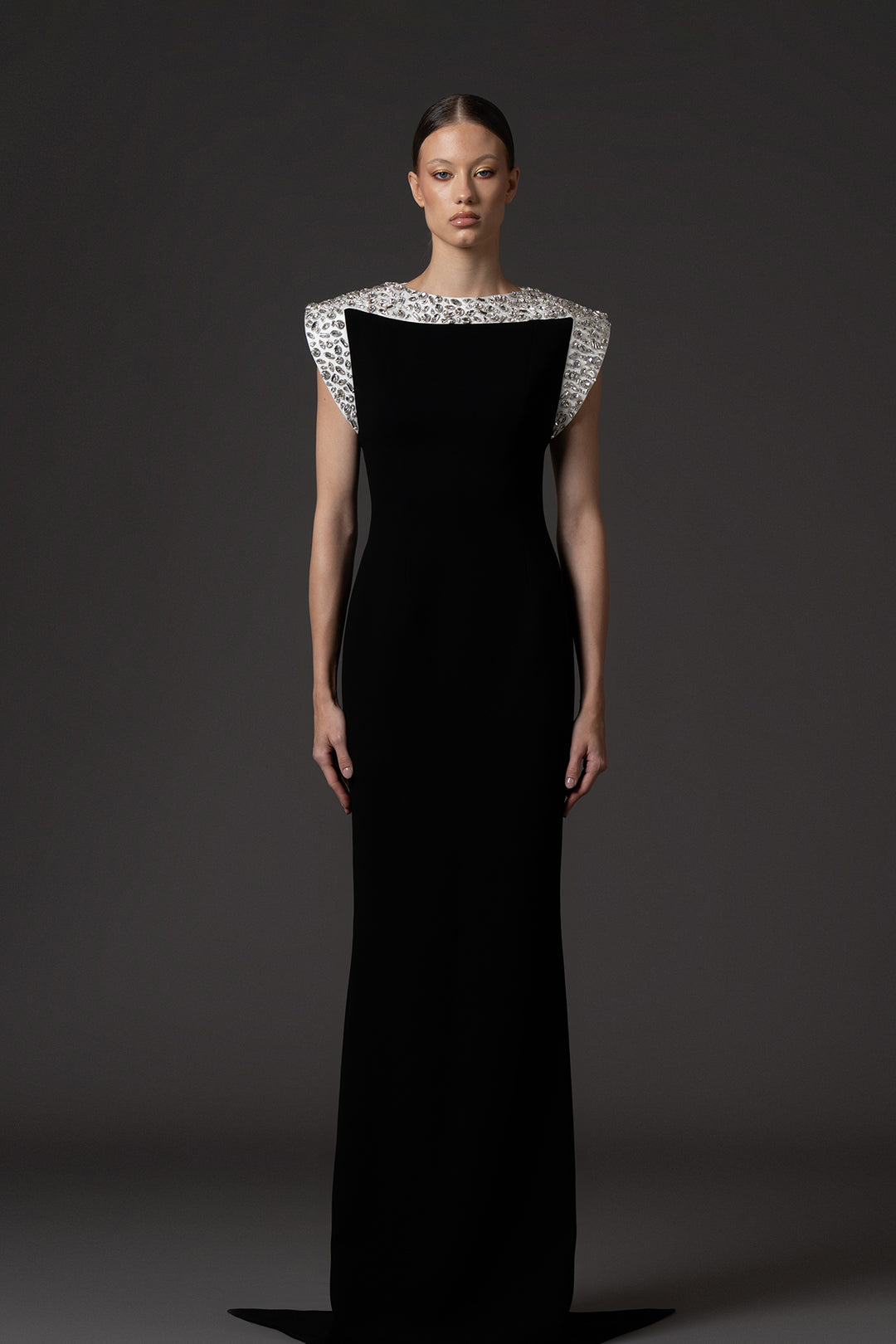 Crepe Floor-Length Dress with Crystal Embroidered Neckline
