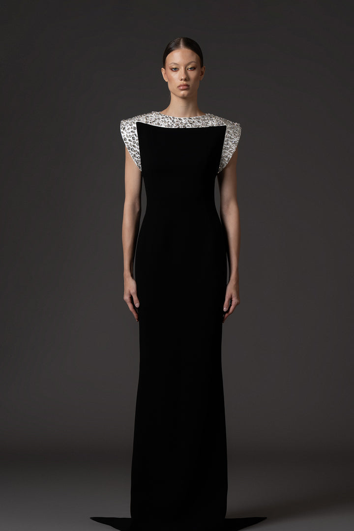 Crepe Floor-Length Dress with Crystal Embroidered Neckline