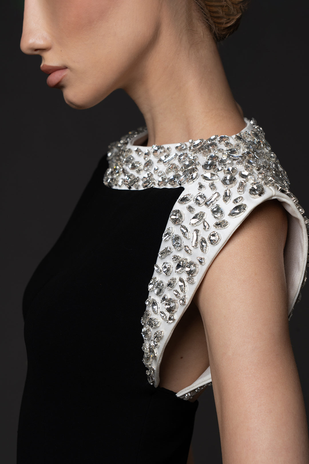 Crepe Floor-Length Dress with Crystal Embroidered Neckline