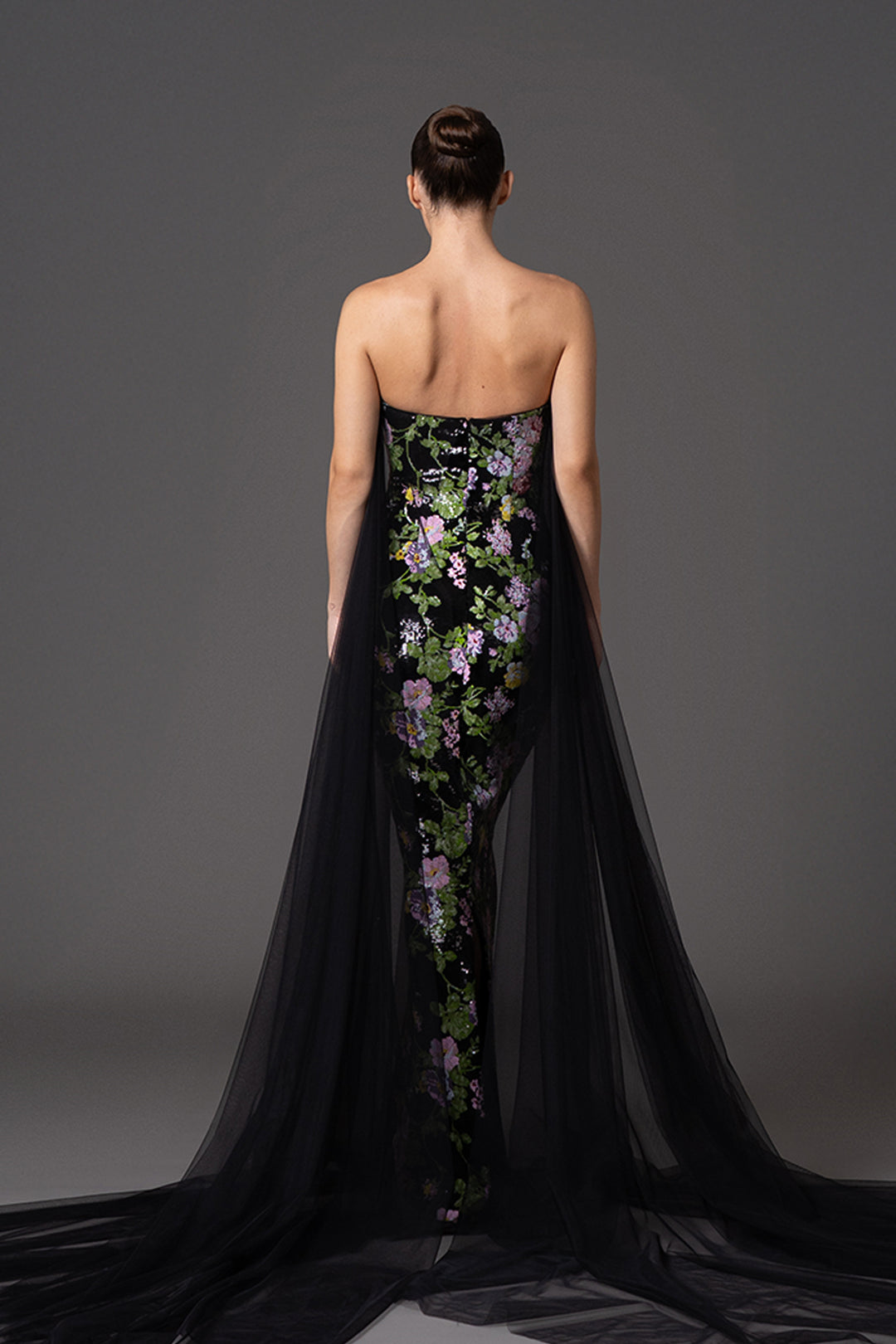 Strapless Long Dress with Embroidered Sequin Tulle