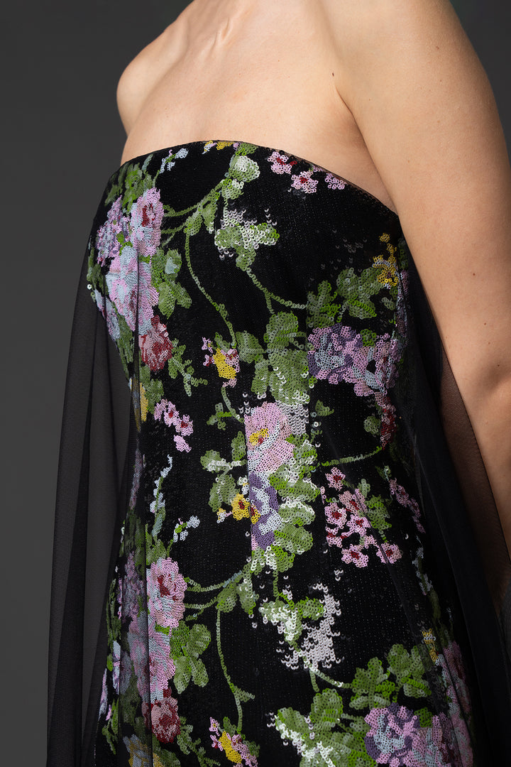 Strapless Long Dress with Embroidered Sequin Tulle