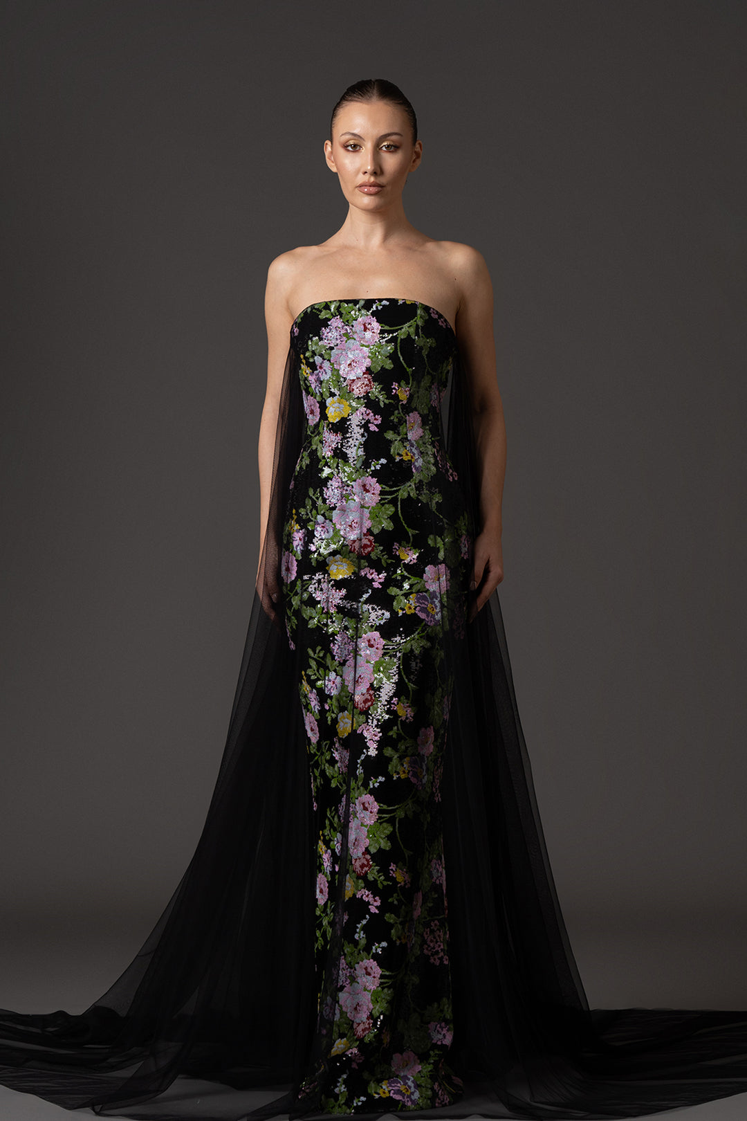 Strapless Long Dress with Embroidered Sequin Tulle Black / US 2