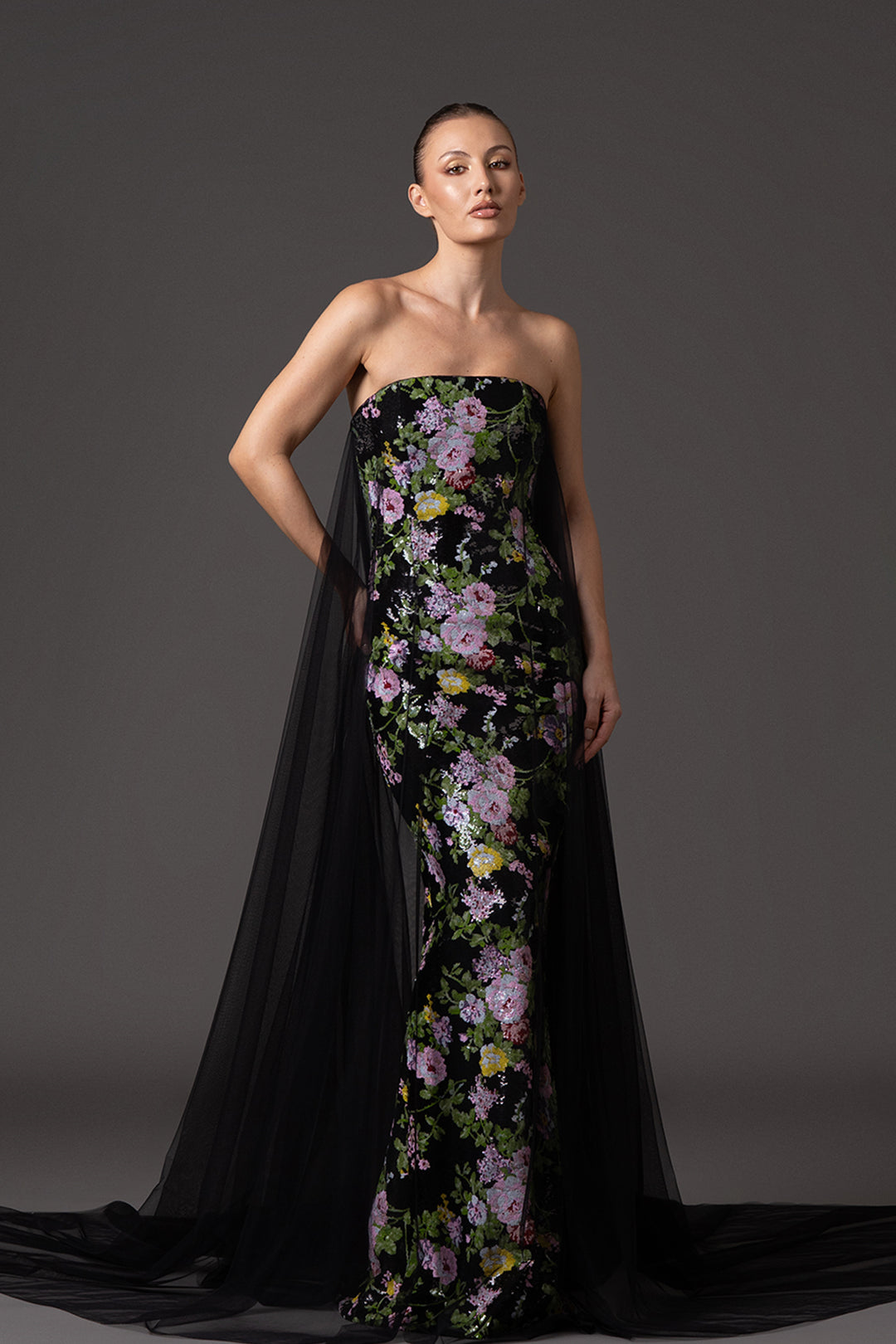 Strapless Long Dress with Embroidered Sequin Tulle