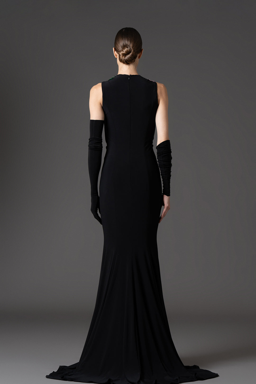 Jersey Long Dress with Floral Bodice Embroidery