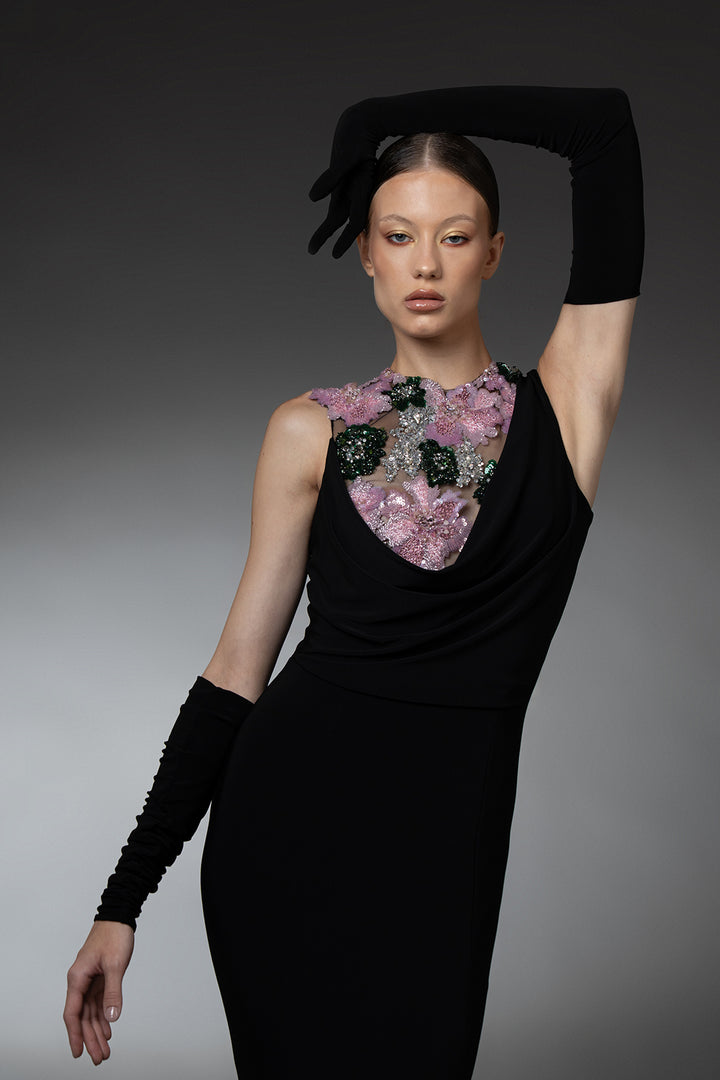 Jersey Long Dress with Floral Bodice Embroidery