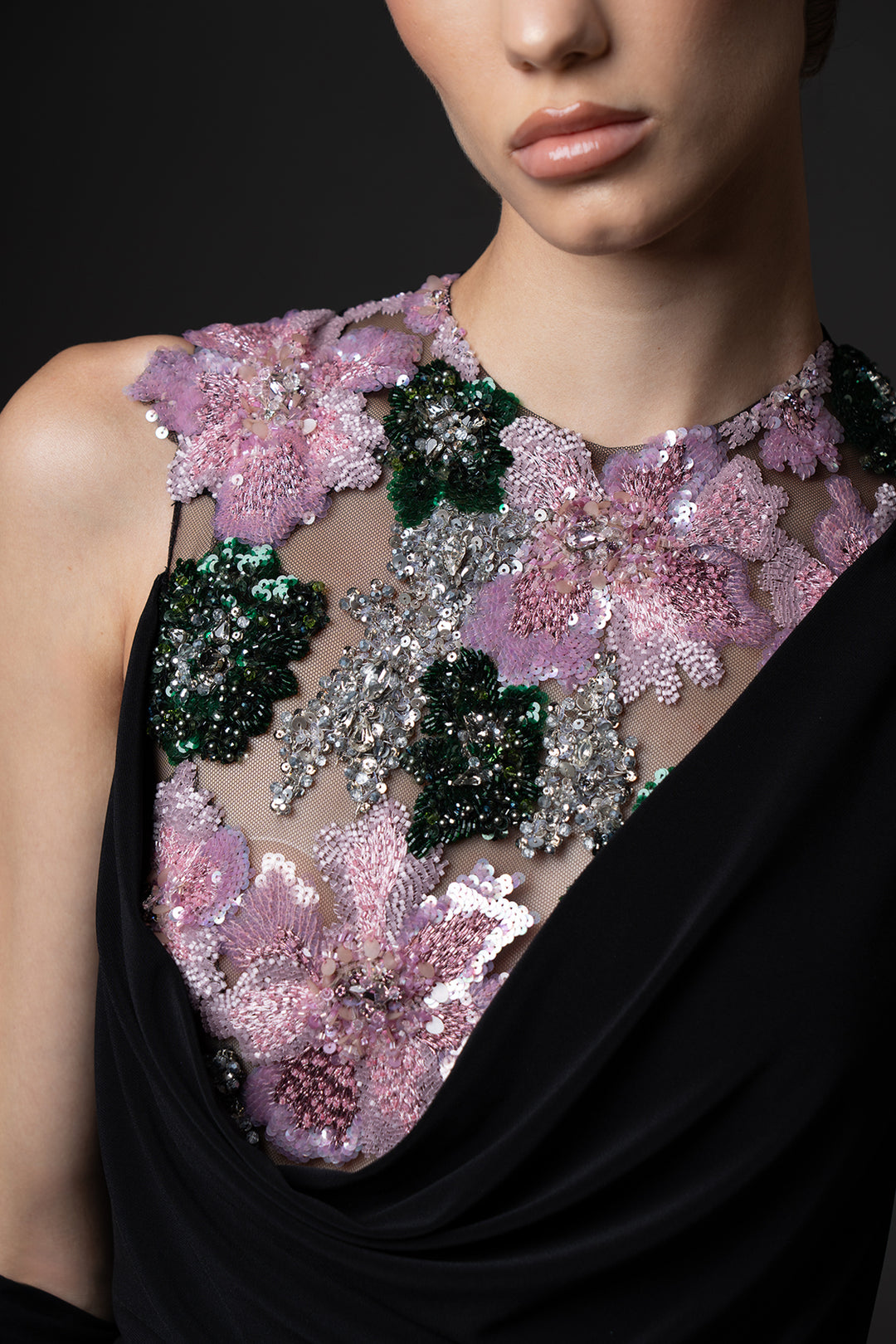 Jersey Long Dress with Floral Bodice Embroidery