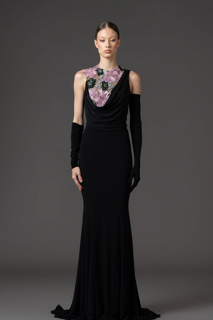 Jersey Long Dress with Floral Bodice Embroidery