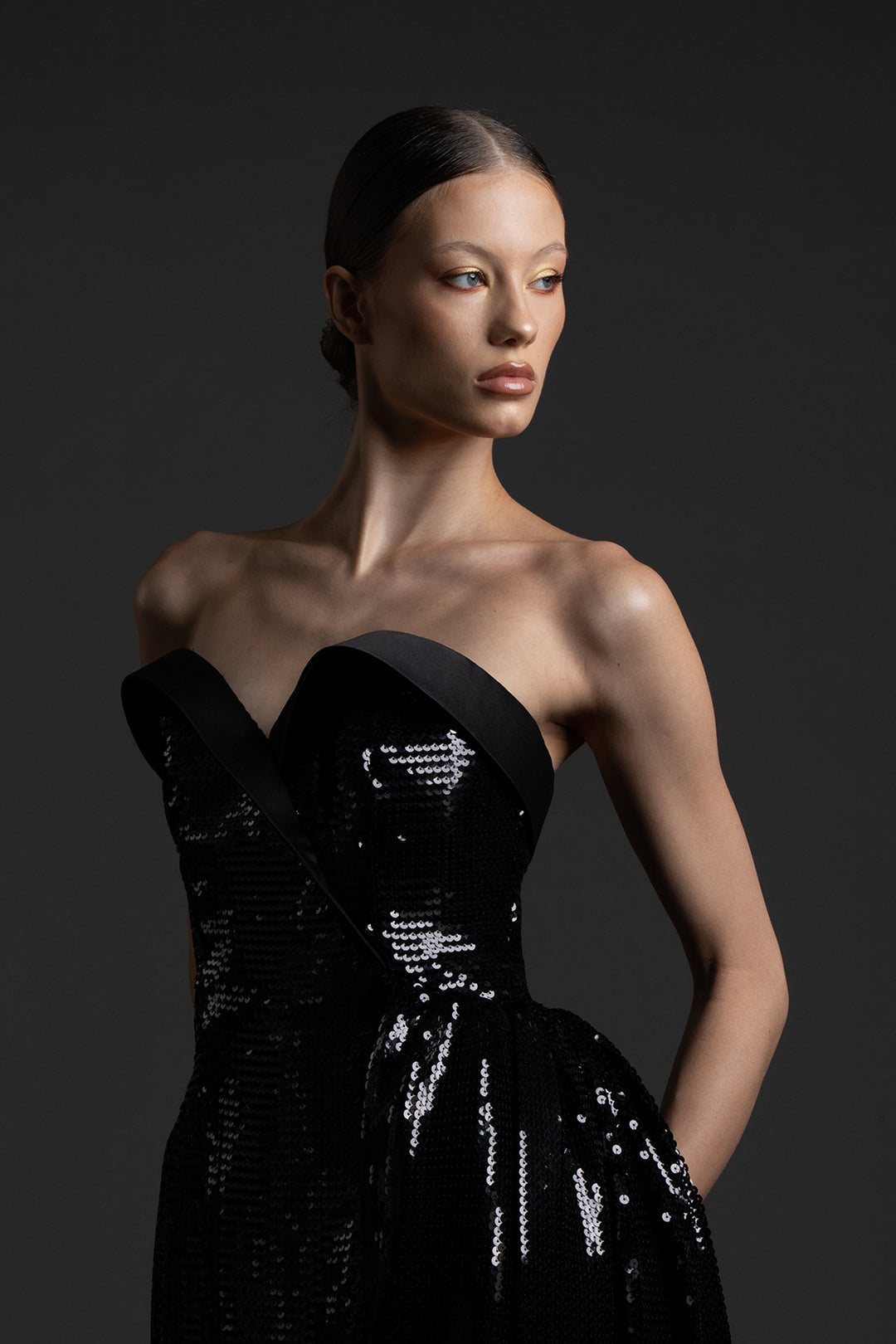 Strapless Sequin Dress with One-Sided Overskirt
