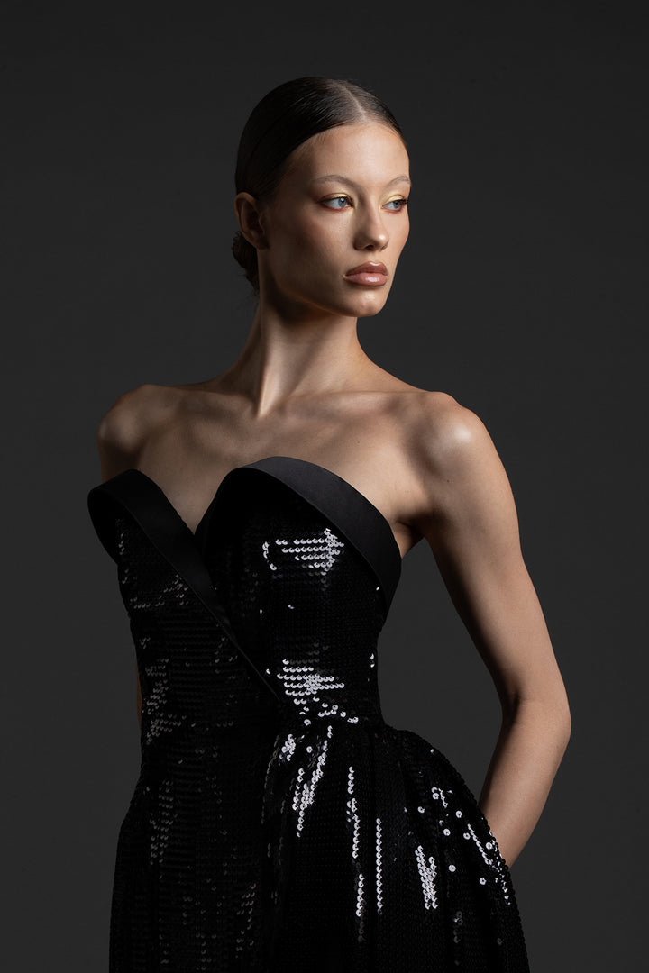 Strapless Sequin Dress with One-Sided Overskirt