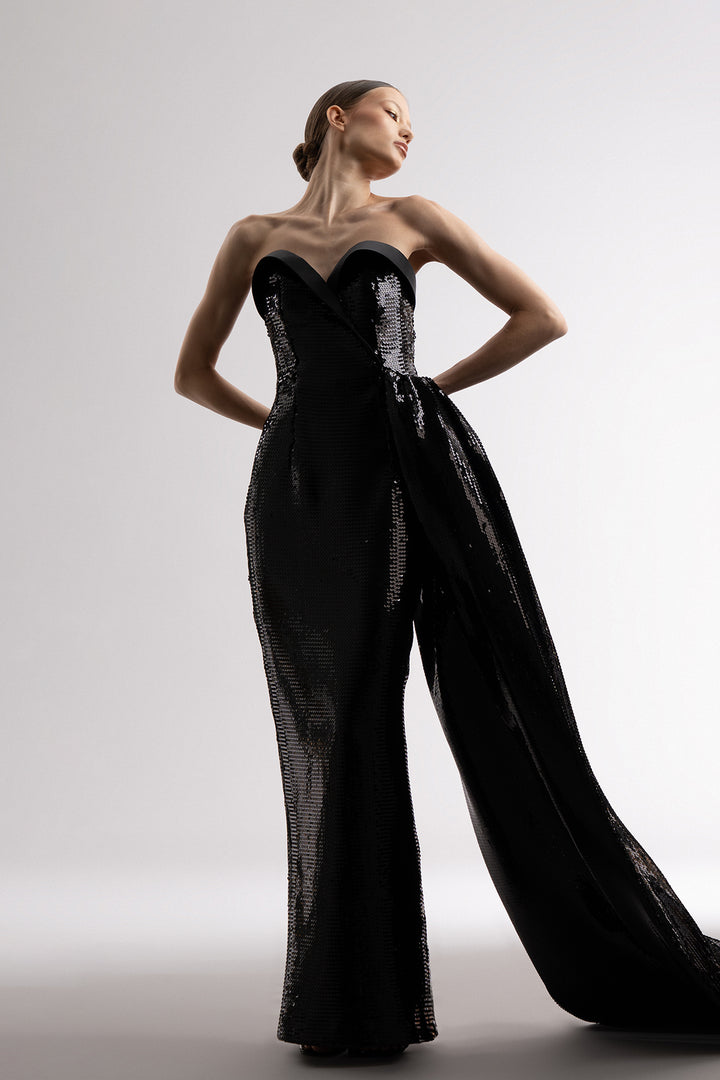 Strapless Sequin Dress with One-Sided Overskirt