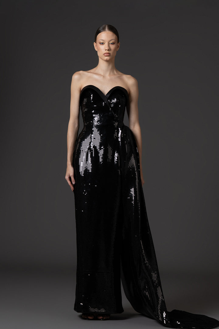 Strapless Sequin Dress with One-Sided Overskirt