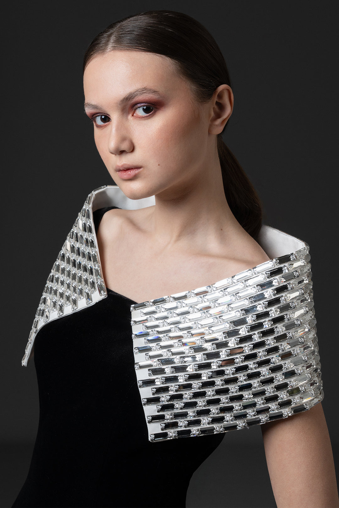 Baguette-Stone Encrusted Sculptural Velvet Dress