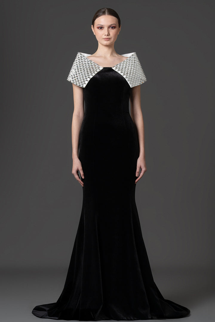 Baguette-Stone Encrusted Sculptural Velvet Dress
