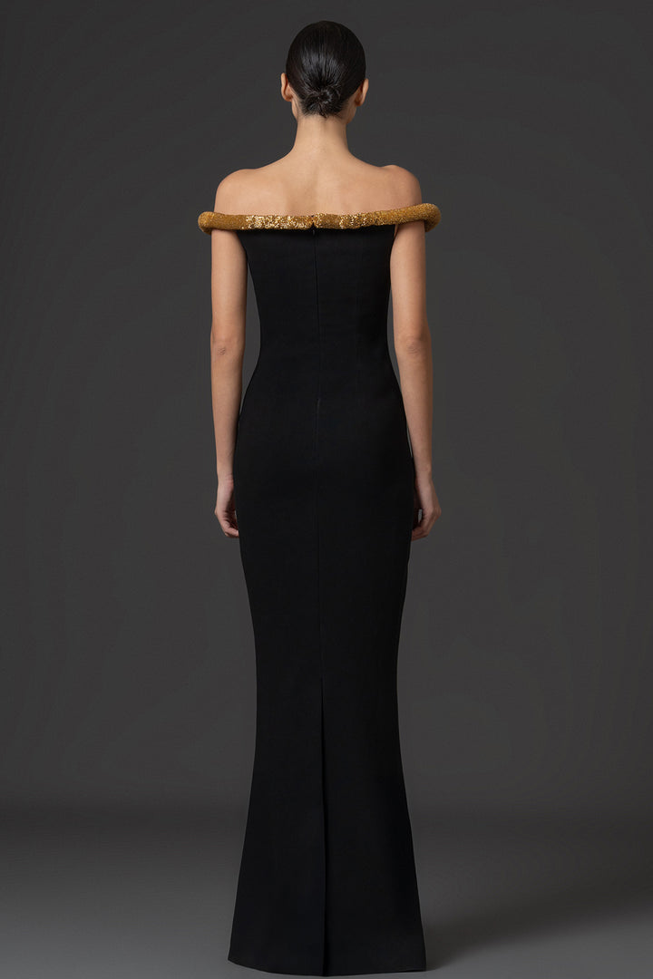Embroidered Fringe Crepe Column Dress