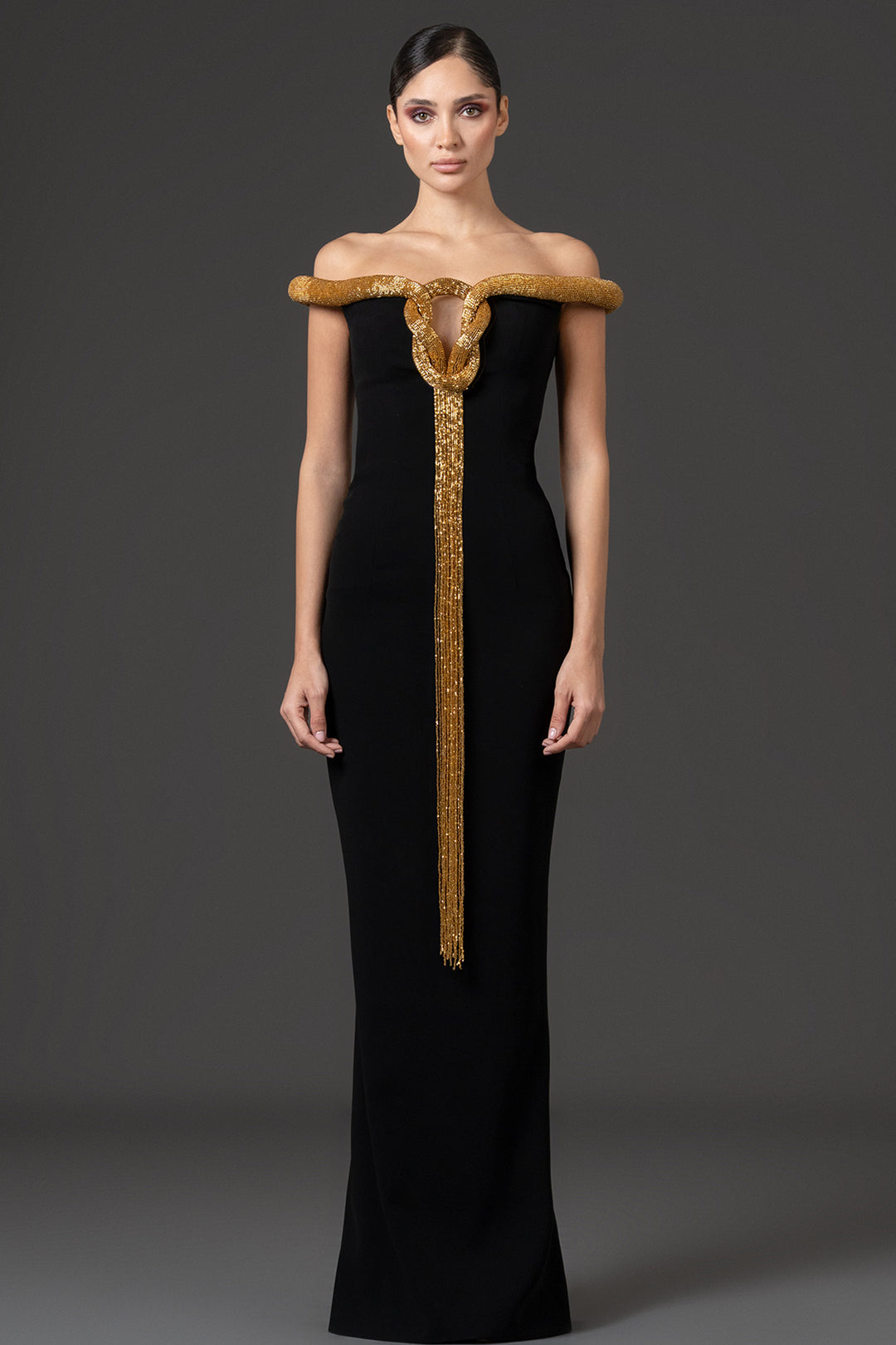 Embroidered Fringe Crepe Column Dress