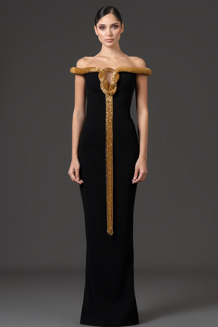 Embroidered Fringe Crepe Column Dress