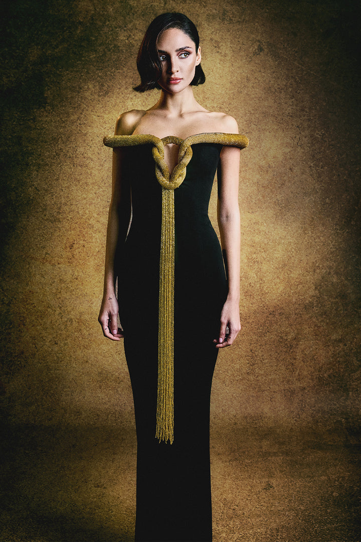 Embroidered Fringe Crepe Column Dress
