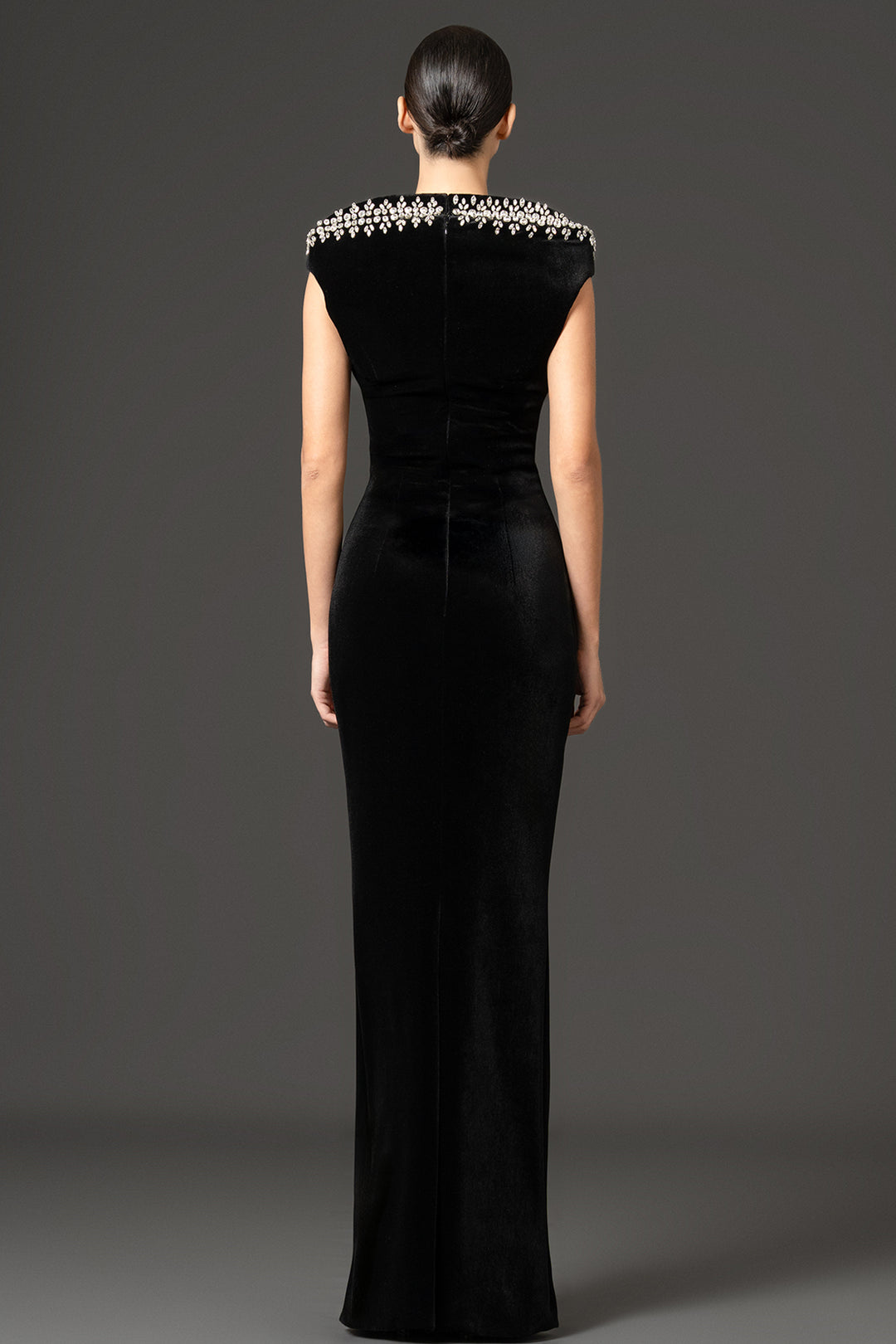 Crystal-Embellished Stand-Up Collar Velvet Dress