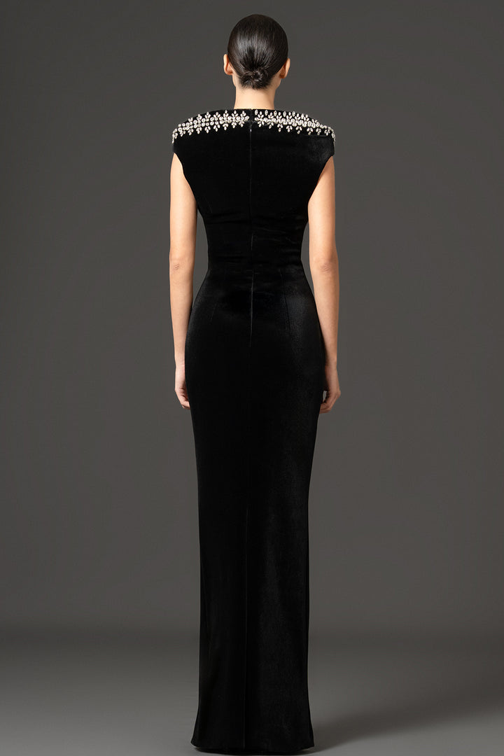Crystal-Embellished Stand-Up Collar Velvet Dress