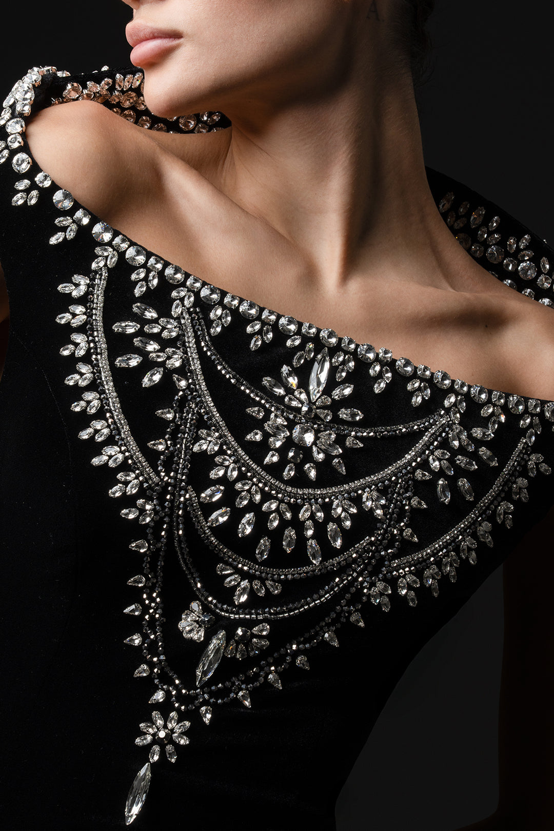 Crystal-Embellished Stand-Up Collar Velvet Dress