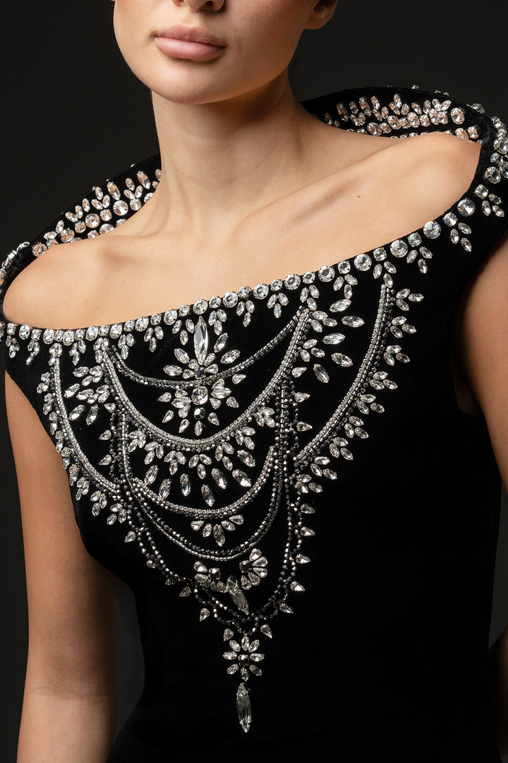 Crystal-Embellished Stand-Up Collar Velvet Dress
