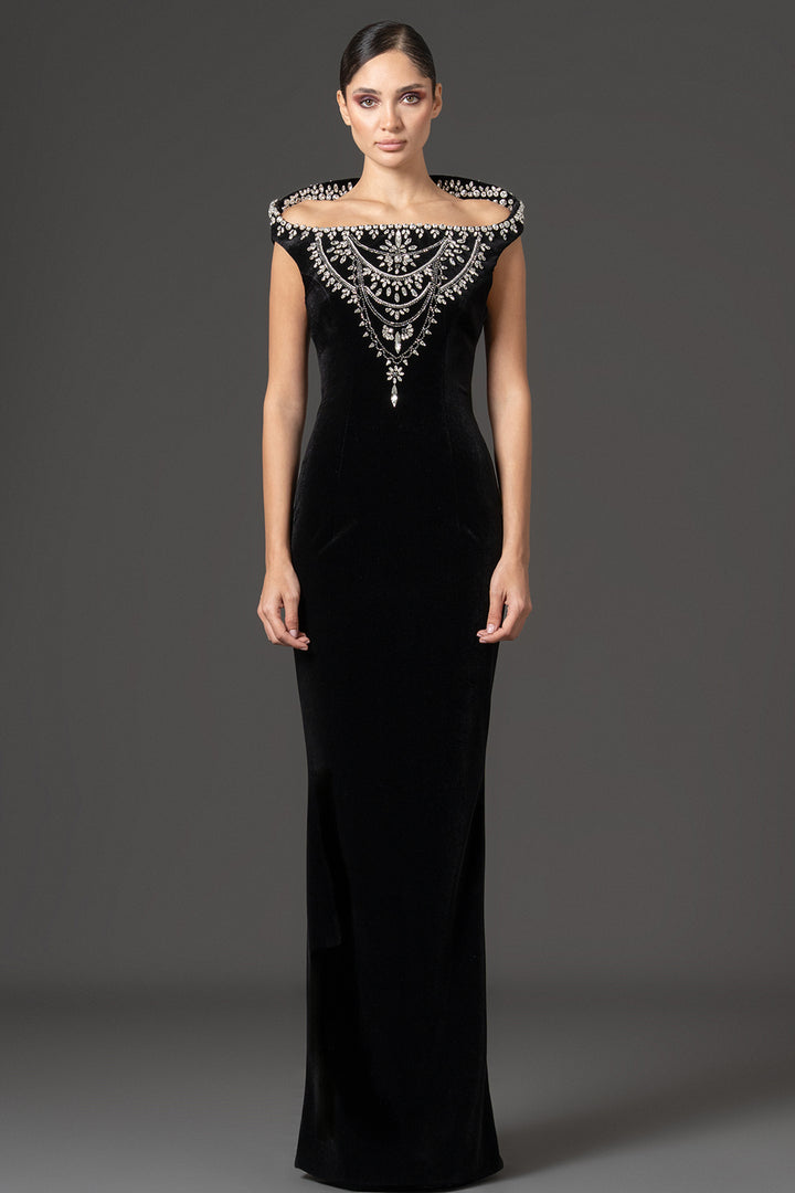 Crystal-Embellished Stand-Up Collar Velvet Dress